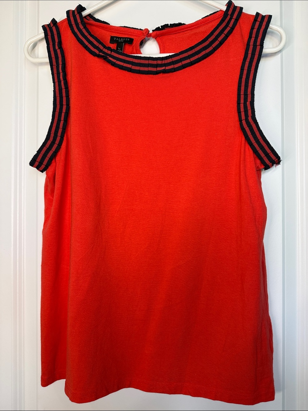 Talbots Orange Sleeveless Knit Tank with Navy Stripe Trim